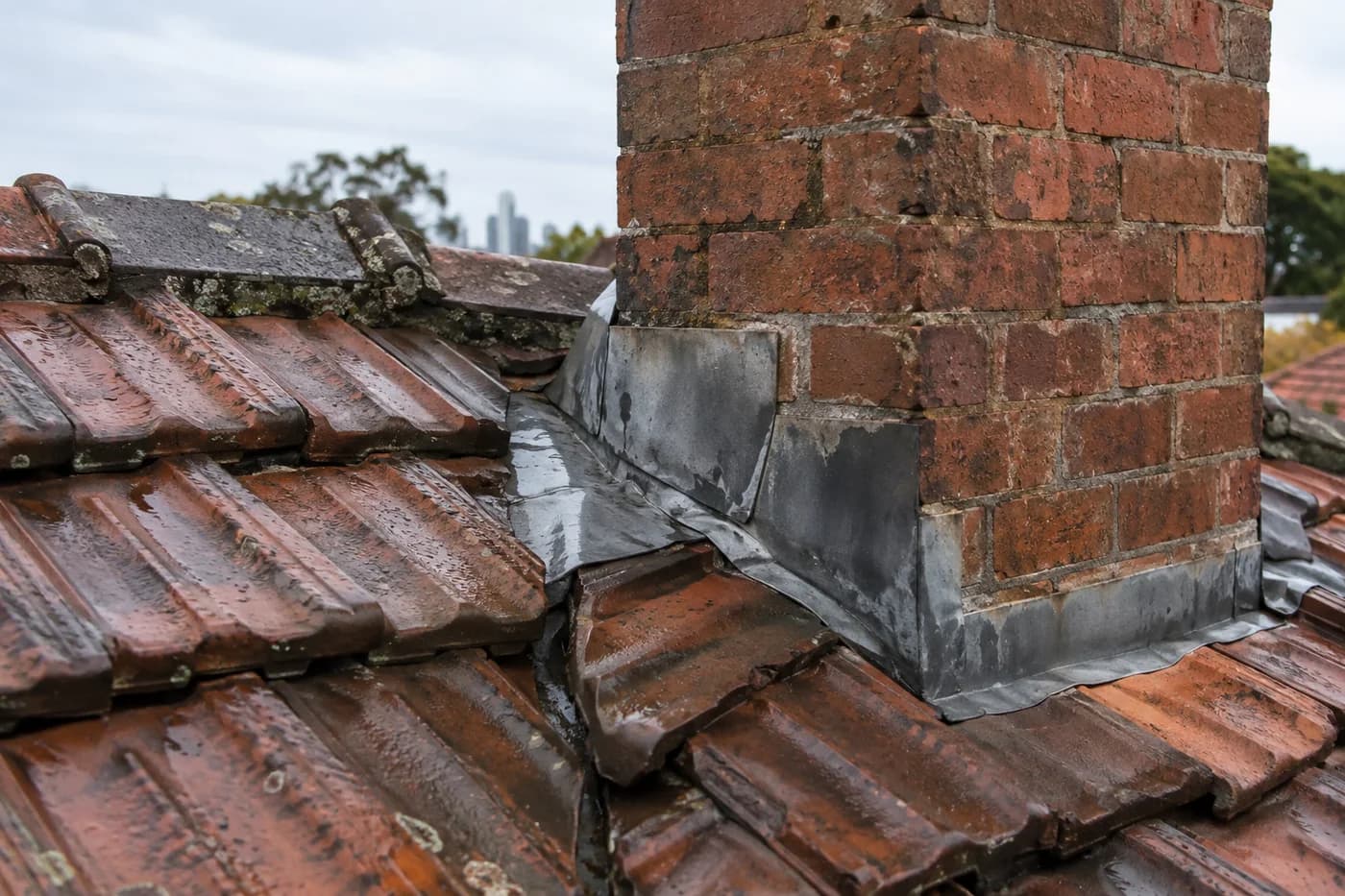 Roof valley and chimney flashing on a rain-wet terracotta roof